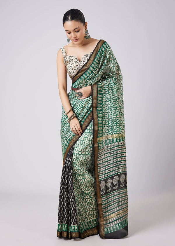 Green Motif Printed Saree with Unstitched Blouse