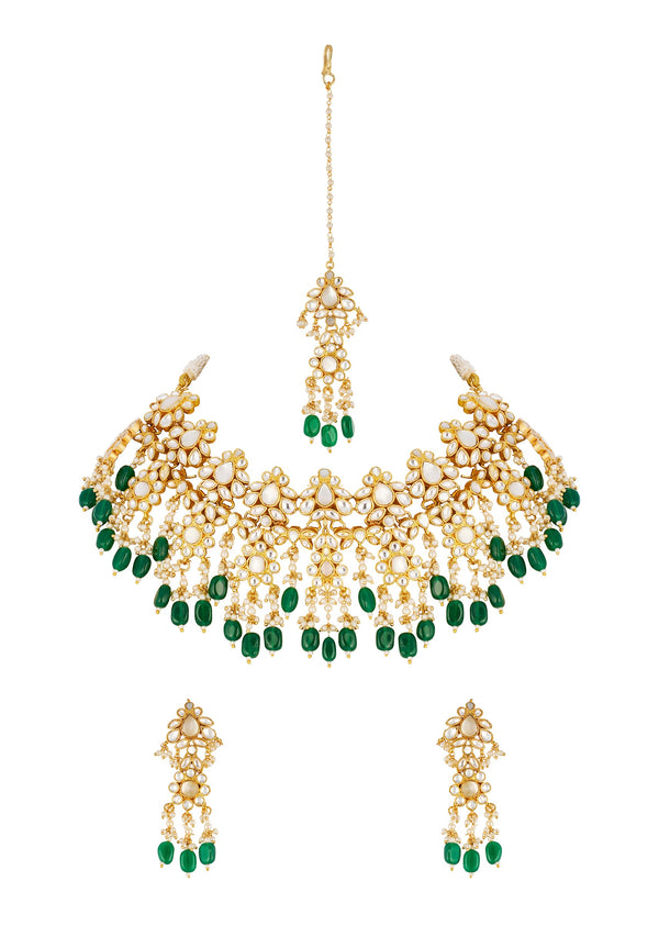 Green Necklace Set in Kundan with Faux Pearl and Emerald Stones