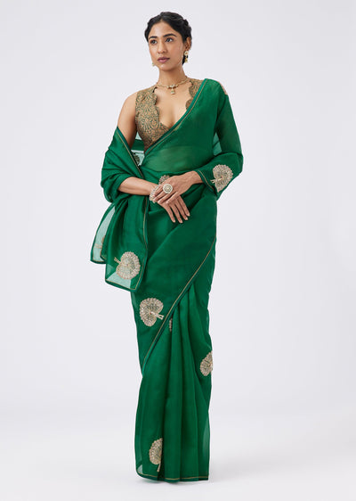 Green Organza Embroidered Saree With Unstitched Blouse