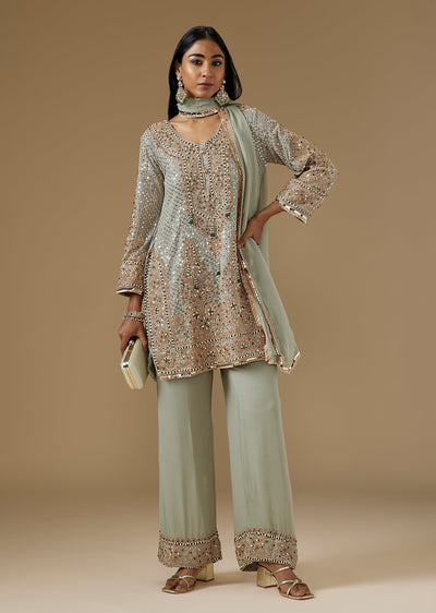 Green Organza Kurta Set With Bead And Cut Dana Embroidery