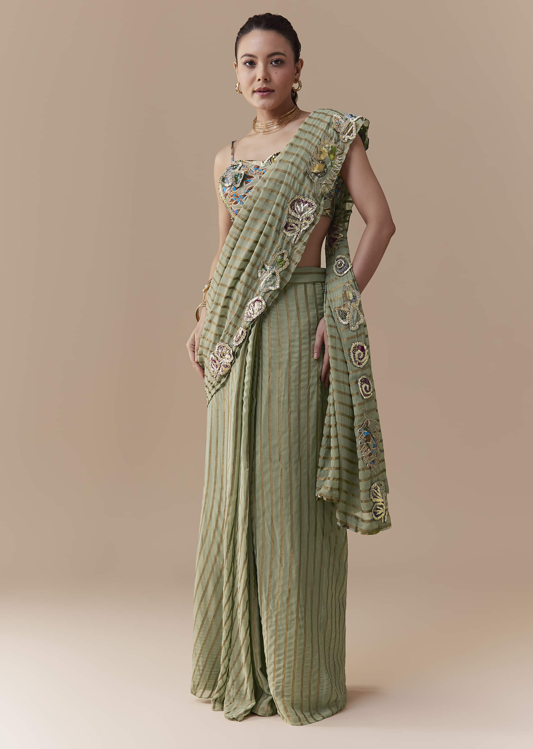 Buy Green Pre Pleated Printed Saree with Gota Blouse | KALKI Fashion India