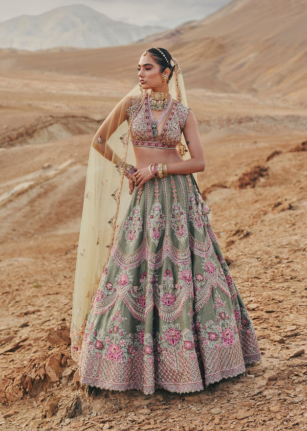 Green Raw Silk Bridal Lehenga With Zardosi And Pearl Embroidery