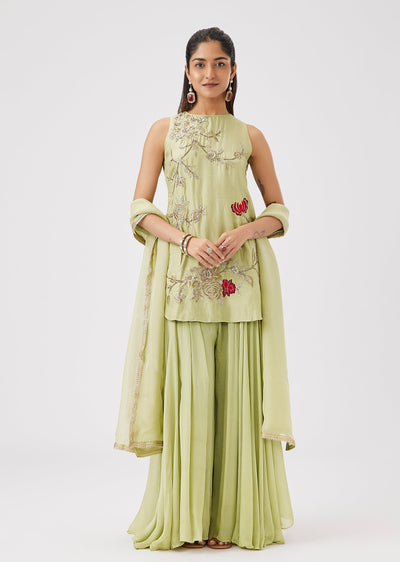 Green Russian Silk Palazzo Suit With Floral Zari And Thread Embroidery