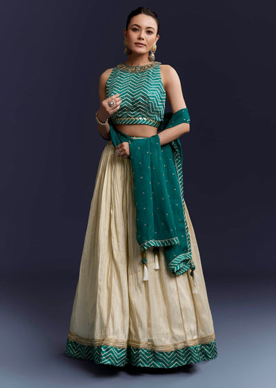 green-satin-bridesmaid-lehenga-with-hand-dyed-chevron-print-choli-sg345083-1