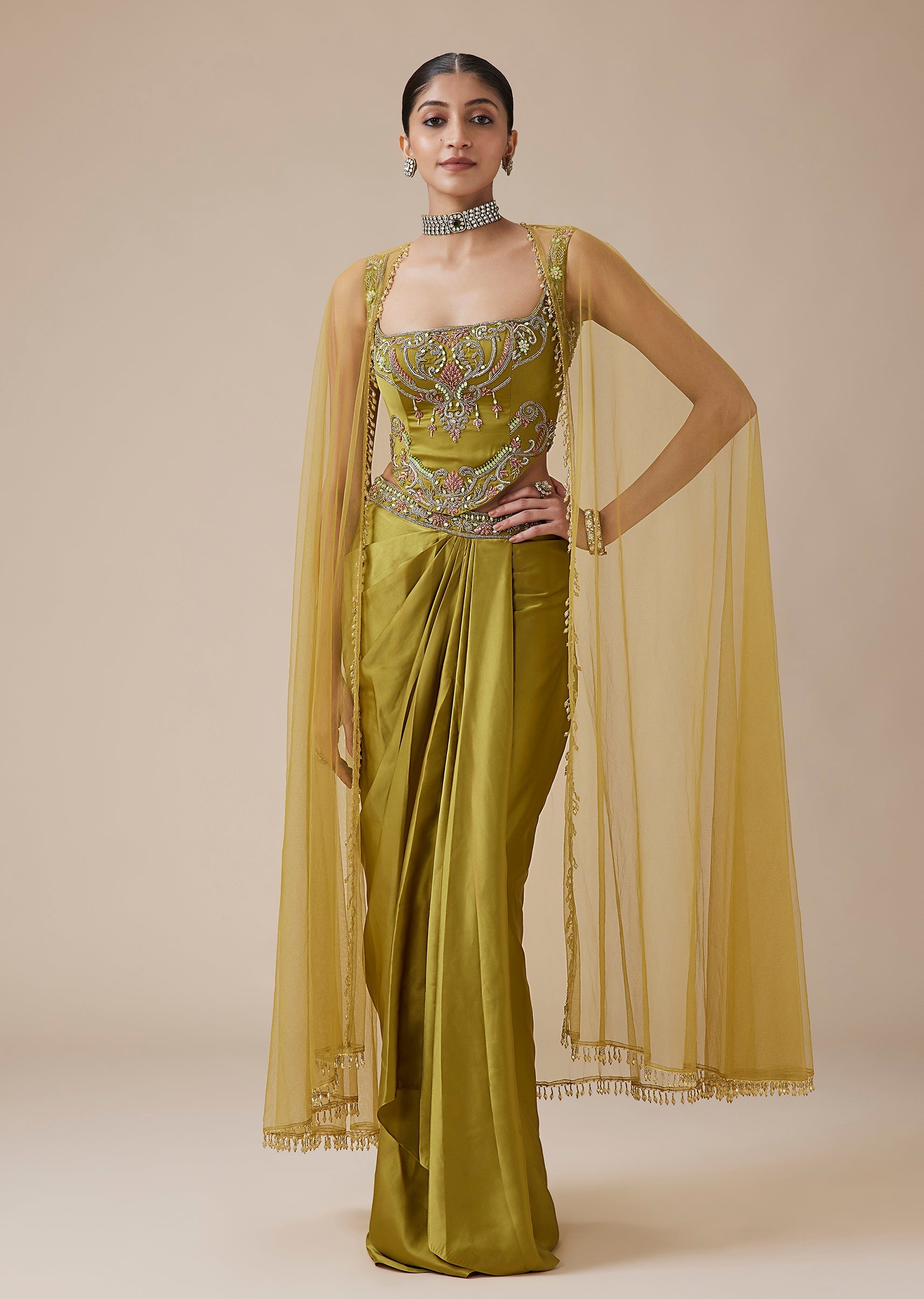 Green Satin Corset Top With Draped Skirt And Cape