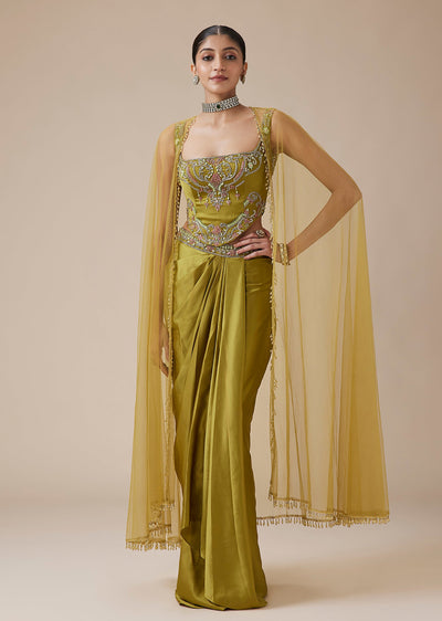 Green Satin Corset Top With Draped Skirt And Cape
