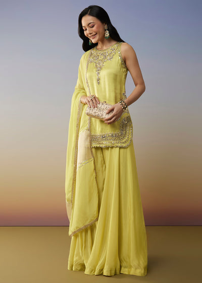 Green Satin Palazzo Suits with Beads Sequins Work