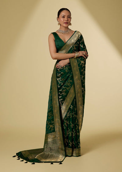 Green Satin Zari Woven Saree With Floral Jaal Work