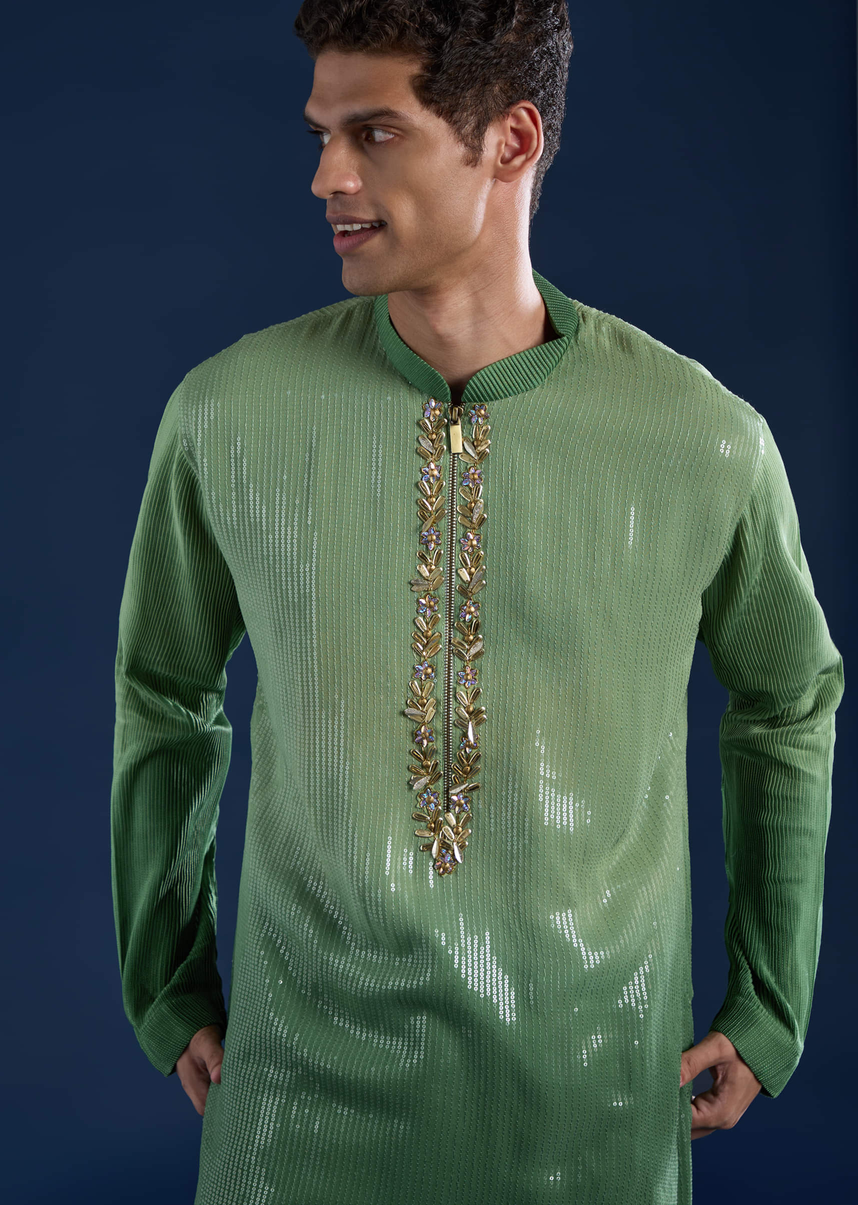 Green Sequin Work Mens Kurta and Pant Set