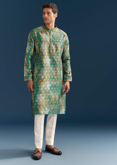 green-silk-printed-kurta-set-for-men-with-foil-butti-work-sg330030-1