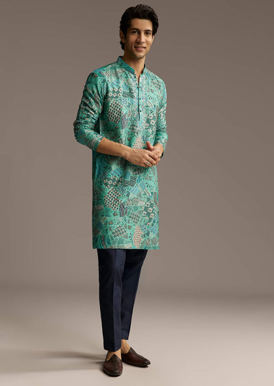 green-silk-printed-kurta-set-for-men-with-mirror-work-sg321788-1