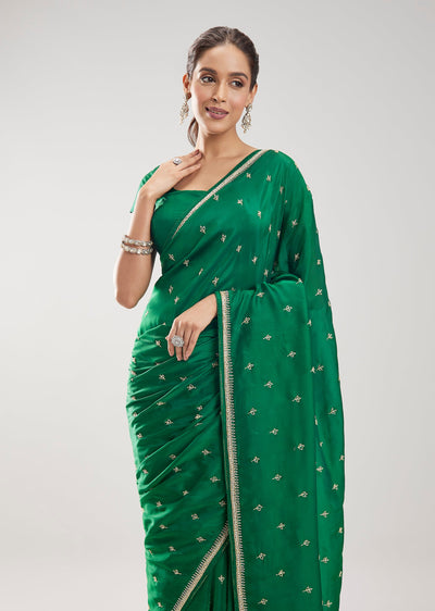 Green Silk Saree With Cut Dana Sequin Butti Work And Embellished Border