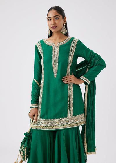 Green Silk Sharara Set With Sequined Embroidery
