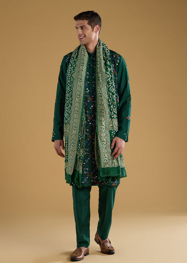 Green Silk Thread Work Men's Kurta Set with Dupatta