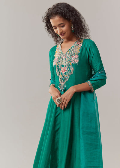 Green Thread Embroidered Anarkali Set