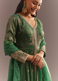 Green Tissue Embroidered Anarkali Pant With Organza Dupatta