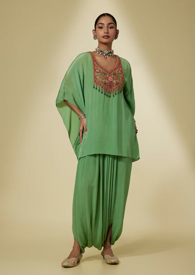 Green Viscose Kaftan Dhoti Set With Embroidered Yoke
