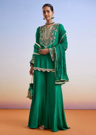 Green Zardosi Embroidered Straight Kurta Palazzo Suit With Dupatta