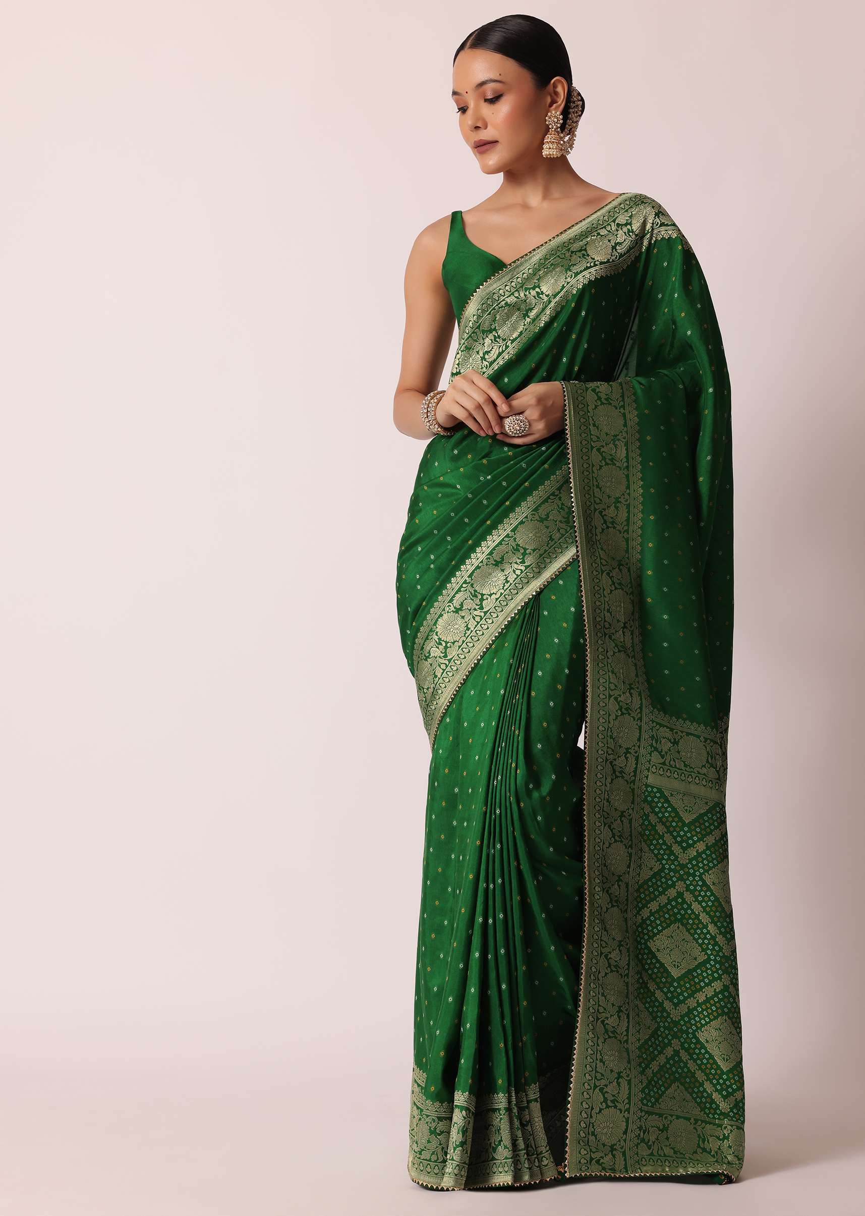 green bandhani silk saree with woven motif-sg182584 7