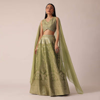 green brocade handloom lehenga set-sg185193 1