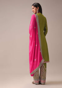 Green Color Block Pallazo Set In Chinon