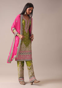 Green Color Block Pallazo Set In Chinon