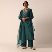 green cotton pant set with organza dupatta-sg197163 1