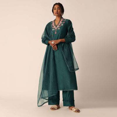 green cotton pant set with organza dupatta-sg197163 1