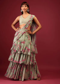 green floral print pleated saree in layered-sg104027 2