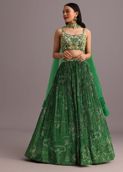 green hand embroidered choli with bandhani print lehenga and-sg270802 7