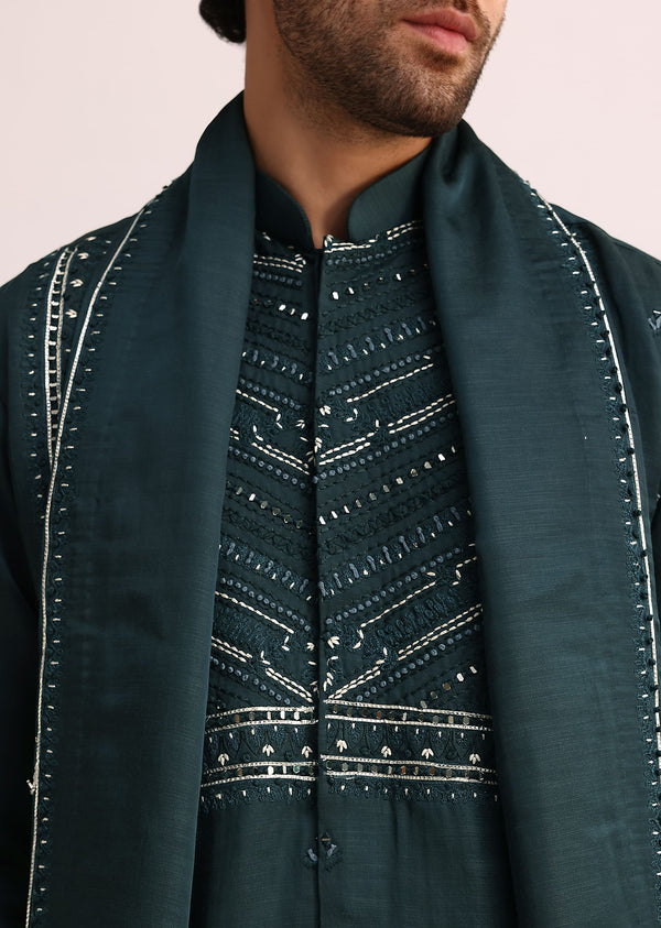 Green Mirror Embellished Kurta Set With Dupatta