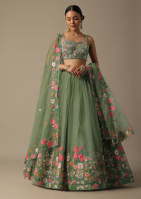 Green Organza Embroidered Lehenga Set With Floral Motifs