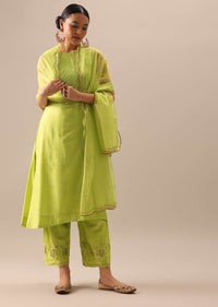 green pintuck anarkali set with organza dupatta-sg175587 11