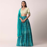 green printed lehenga set with cutdana work-sg214614 1