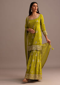 Green Sequins Kurti Sharara With Chanderi Banarasi Dupatta
