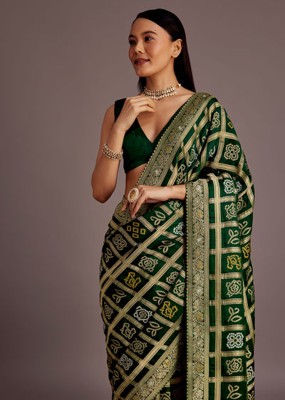 green silk bandhani woven saree-sg280106 14