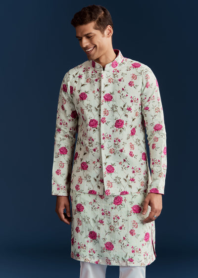 green silk printed kurta with floral sequins-sg302373-1 1