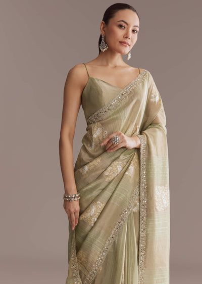 green tissue saree with mirror and bead-sg336731-9 9