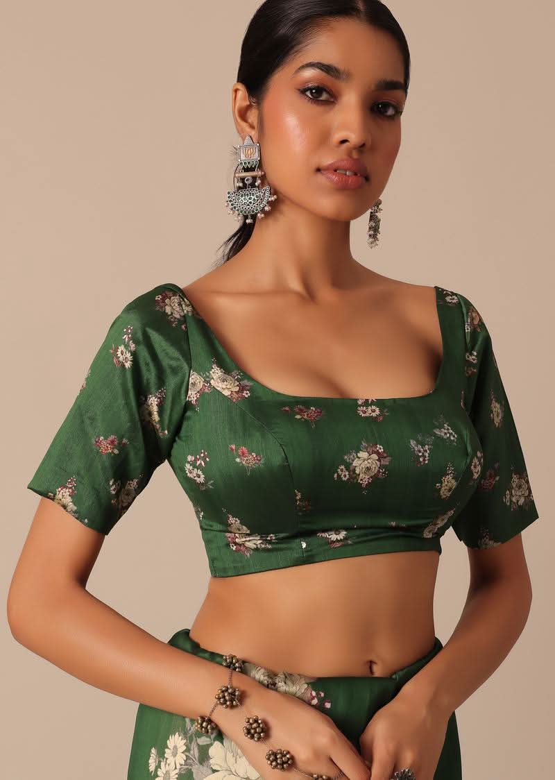 Green Tussar Silk Saree With Mirror Embellishments And Unstitched Blouse Piece - KALKI Fashion India