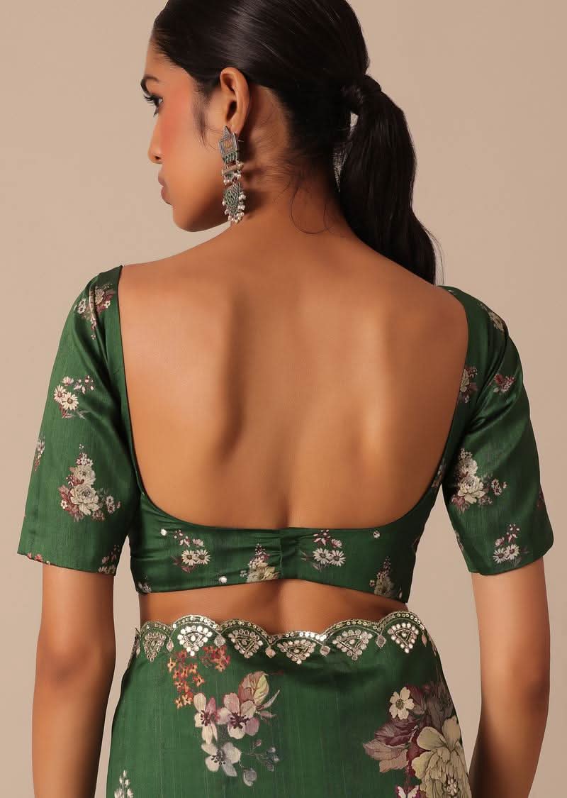 Green Tussar Silk Saree With Mirror Embellishments And Unstitched Blouse Piece - KALKI Fashion India