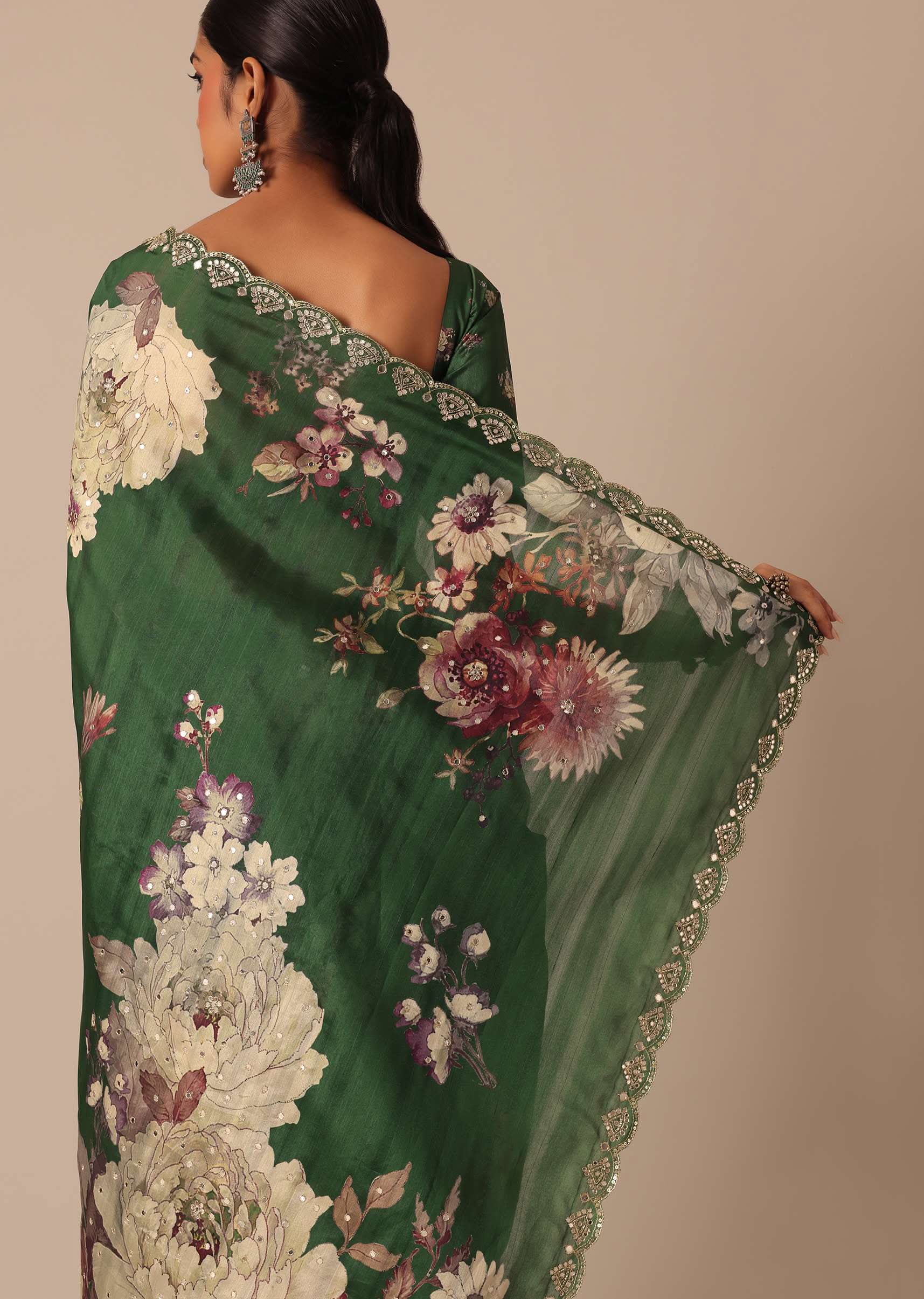 Green Tussar Silk Saree With Mirror Embellishments And Unstitched Blouse Piece - KALKI Fashion India