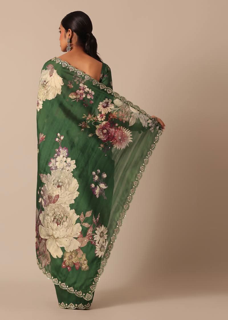 Green Tussar Silk Saree With Mirror Embellishments And Unstitched Blouse Piece - KALKI Fashion India