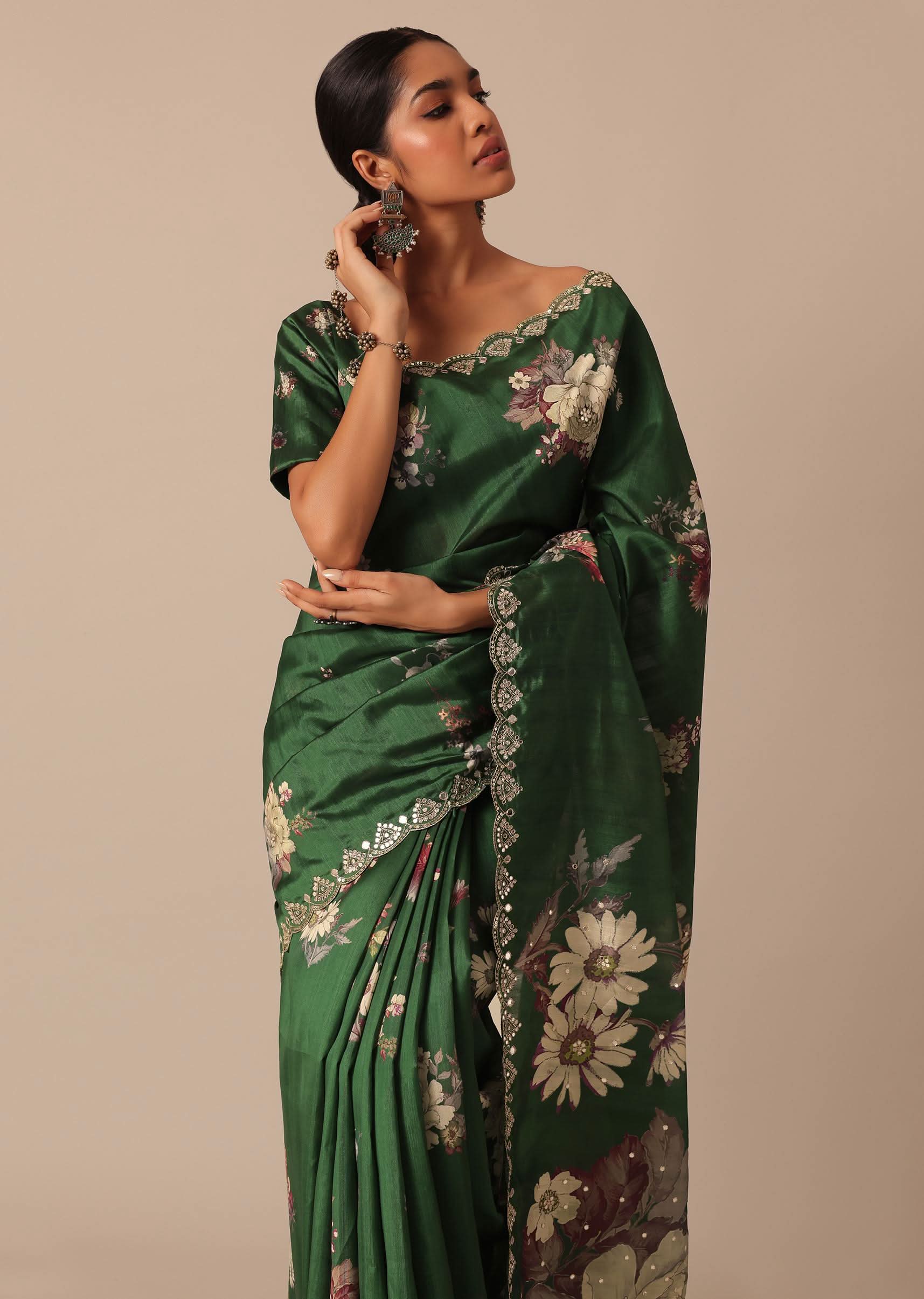 Green Tussar Silk Saree With Mirror Embellishments And Unstitched Blouse Piece - KALKI Fashion India