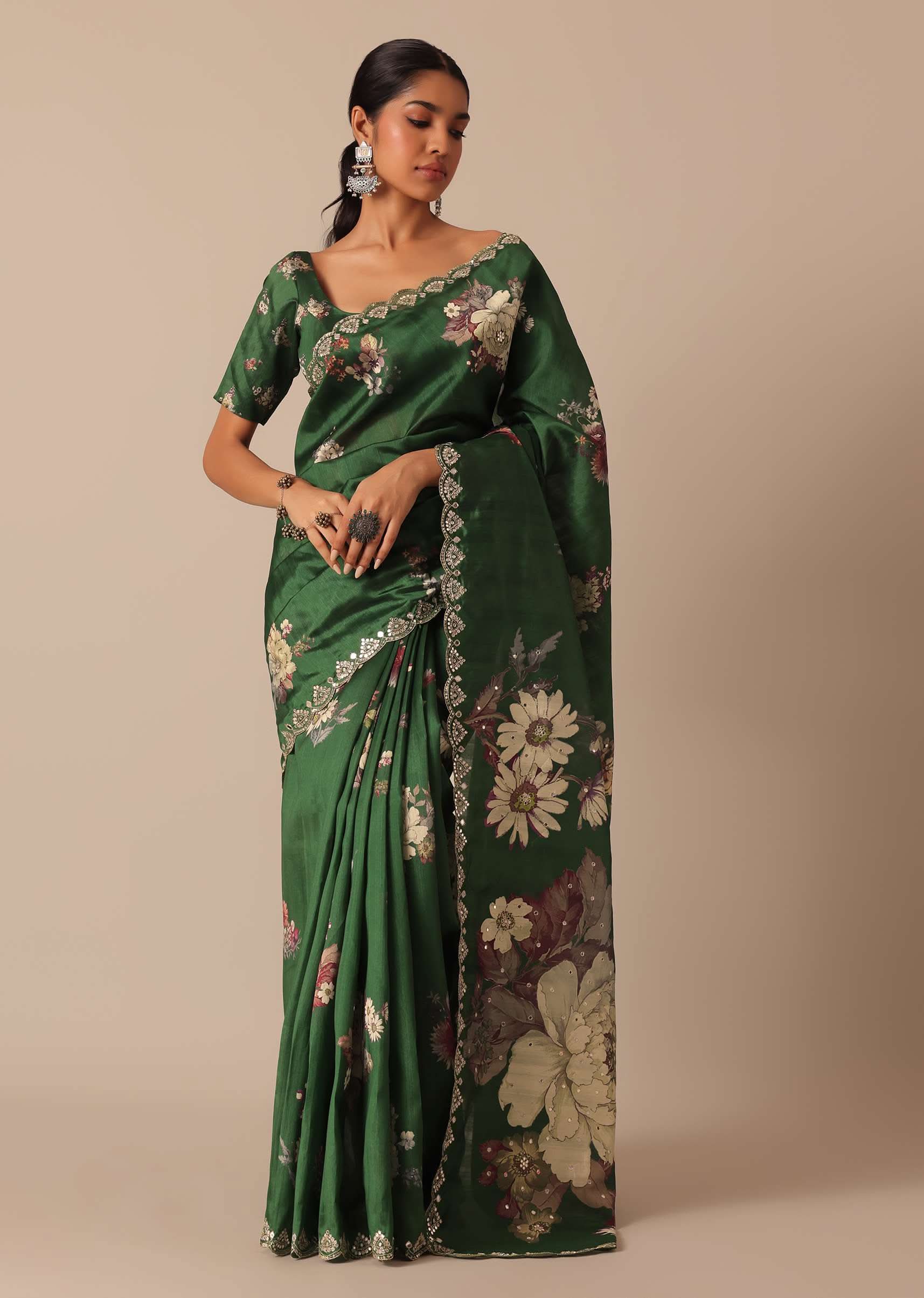 Green Tussar Silk Saree With Mirror Embellishments And Unstitched Blouse Piece - KALKI Fashion India