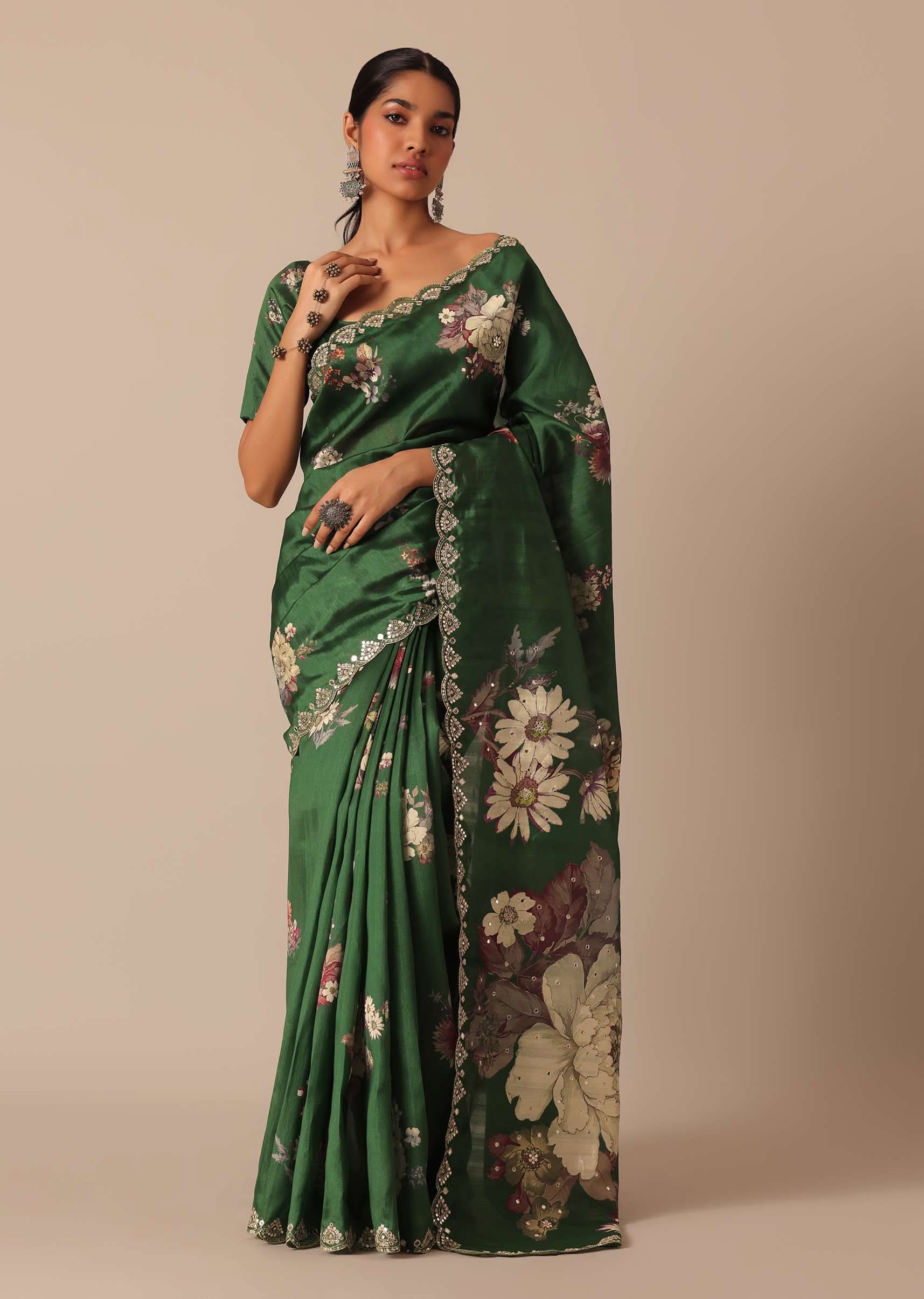 Green Tussar Silk Saree With Mirror Embellishments And Unstitched Blouse Piece - KALKI Fashion India