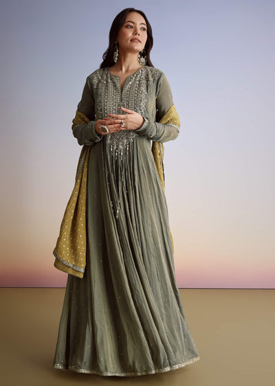 Greenish Grey Crush Tissue Anarkali Suit With Sequins Work