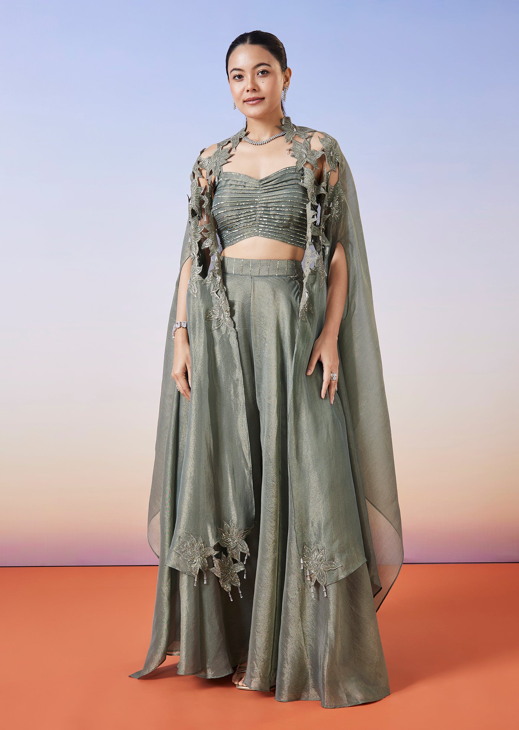 Greenish Grey Tissue Fusion Lehenga With Cape