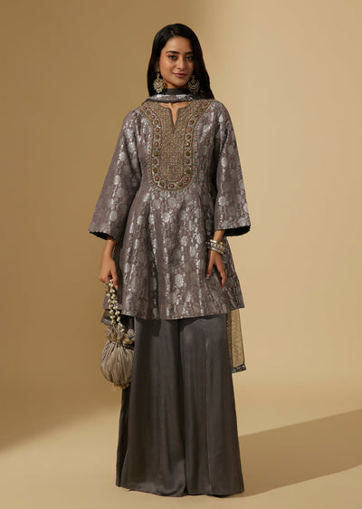 Grey Brocade Palazzo Suit Set With Embroidered Yoke