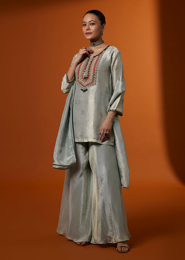 Grey Brocade Palazzo Suit Set With Zardosi Embroidery