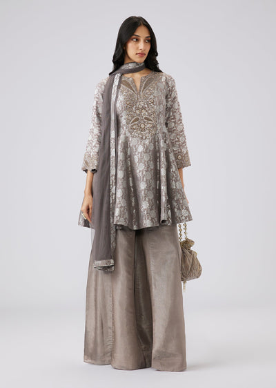 Grey Brocade Peplum Palazzo Suit Set